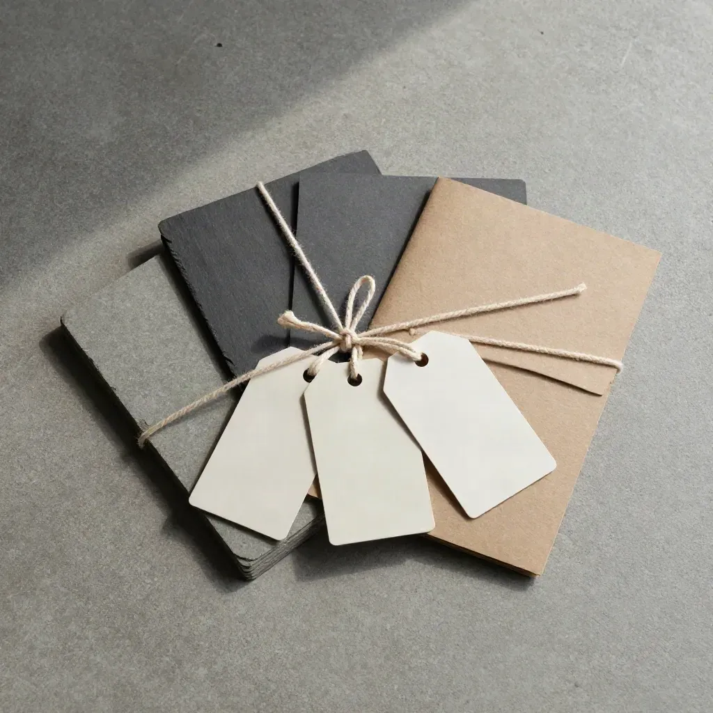 Kit de checklist de mudanza con tarjetas lisas, cordel y etiquetas sobre hormigón.