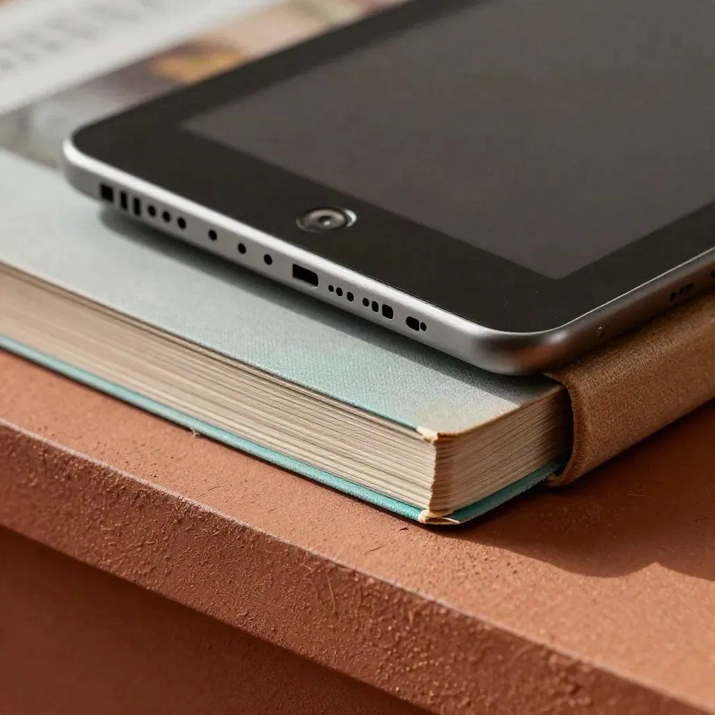 Manual de Canva básico asomando de una funda de papel junto a una tablet apagada.