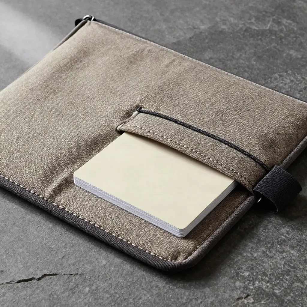 Funda de lona con tarjetas de Erasmus asomando sobre piedra clara y niebla suave.